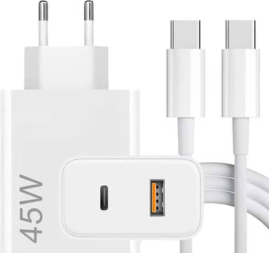 Carregador Super Turbo 45W Porta Dupla (USB-C + USB-A) + Cabo USB Tipo C de 1m, Compatível com Celulares Samsung, Motorola, iPhone 15, Tablets, Notebooks