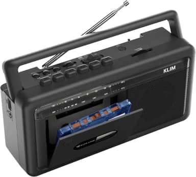 KLIM Leitor de cassete portátil e gravador de fita – Boombox com rádio AM/FM, USB, Bluetooth, alto-falante e fone de ouvido – operado por bateria e CA – Preto