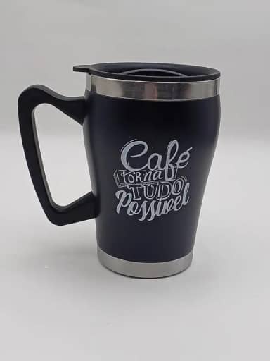 Caneca Térmica com Tampa, 300 ml, Aço Inox, Preta com Estampa Café (Café Torna Tudo Possível)
