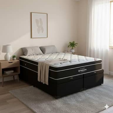Cama Box Baú King Size Bipartido Corino + Colchão de Molas Ensacadas Elegant - 1.92x2.03 (Preto)