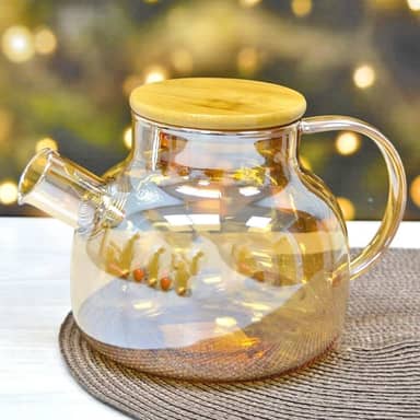 Chaleira de Vidro Âmbar com Infusor Vidro Borossilicato Tampa de Bambu Resistente ao Fogo
