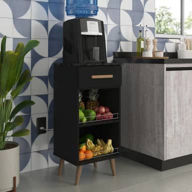 Balcão Fruteira Suporte para Galão Agua Bebedouro Armário Fenix Pé Palito Preto/Marmorizado