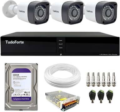 Kit CFTV 3 Câmeras Segurança Full HD DVR 4 Canais Com HD Completo