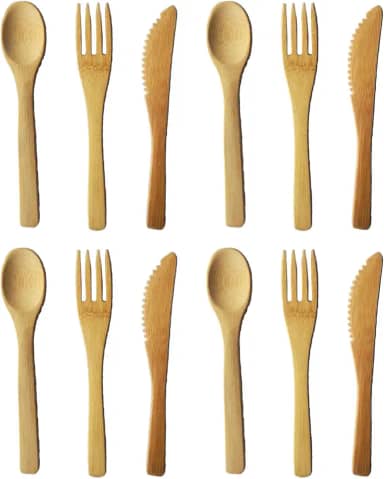 4 conjuntos de utensílios de bambu no total, 12 peças, conjunto de talheres de bambu, talheres de bambu portáteis para viagem, contém garfo, colher, faca, para uso em piquenique no escritório em casa