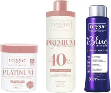 Kit Pó descolorante Azul Premium, Água Oxigenada 40 Volumes e Matizador Blue Platinado, Veggue Profissional