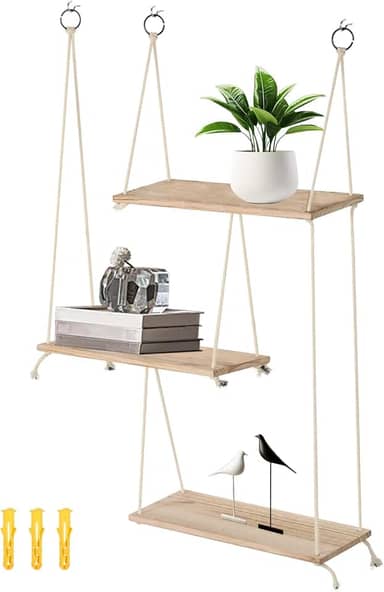 Prateleiras suspensas de parede de macramê, prateleiras flutuantes suspensas de 3 camadas para parede, prateleiras de parede boho, prateleiras para pendurar em madeira, borla para pendurar na parede