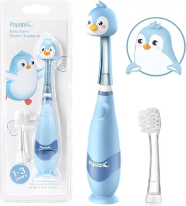 Papablic Escova de dentes elétrica infantil sônica infantil para crianças de 1 a 3 anos, escova de dentes elétrica para bebês com capa fofa de pinguim e temporizador de LED inteligente, 2 cabeças de