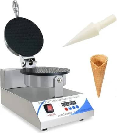 NJTFHU Máquina de sorvete elétrica, máquina de cone de waffle comercial de 110 V para casa, com controle de temperatura e tempo de LED, revestimento antiaderente de 21 cm, aço inoxidável para cozinha