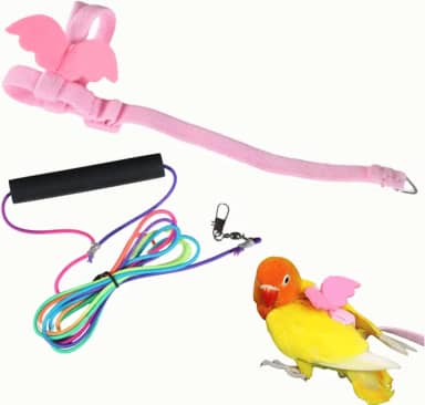 Peitoral e coleira de pássaro papagaio de estimação, design de treinamento ajustável, antimordida, corda de nylon para pássaros com asa fofa e coleira colorida para papagaios, calopsita periquito