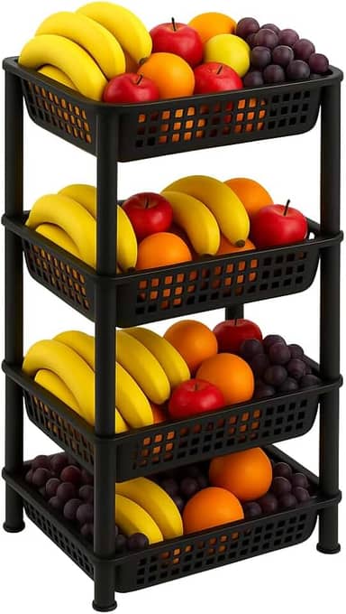Fruteira Organizadora de Chão 4 Andares Em Plástico Multiuso (Preto)