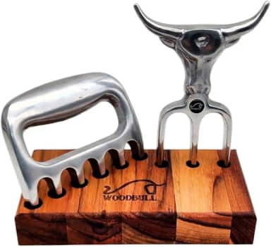 Garfo Tridente e Garra de Urso em Alumínio Premium para Churrasco e Carnes, com Base em Madeira, Ideal para Servir com Estilo e Praticidade, Perfeito para Churrasqueiros e Reuniões – WOODBULL.