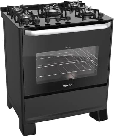 SUGGAR FOGÃO BEST GRILL PRETO 220V MESA DE VIDRO 5 BOCAS GRILL NO FORNO TRIPLA CHAMA TREMPES FERRO FUNDIDO FGV506PT2