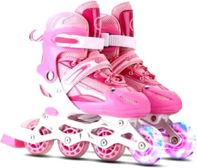 Patins Inline Infantil Rosa, LED, Ajustável 31-34, 4 Rodas, Reforçado