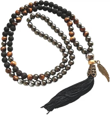 JAPAMALA 108 CONTAS EM PEDRAS NATURAIS OLHO DE TIGRE, LAVA VULCÂNICA E HEMATITA