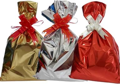 Kit 10 Sacos de Presente 25x37 cm, 10 Laços Fácil, (3 Cores:Dourado/Prata/Vermelho)