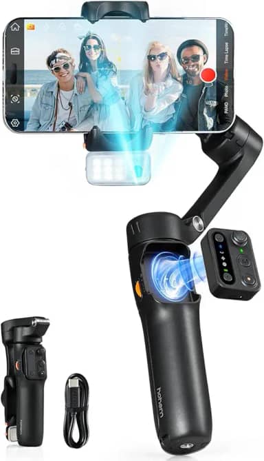 ho~hem iSteady V3 Estabilizador Celular, Gimbal de 3 Eixos para Celular, Rastreador Magnético com AI, Haste Extensível e tripé Integrados,Luz de Preenchimento Magnética,Preto