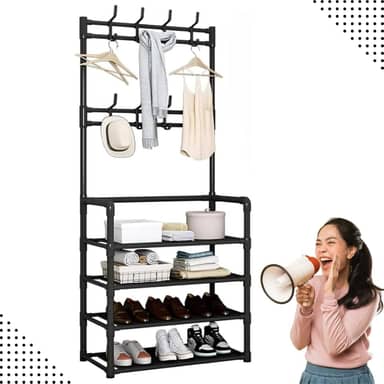 Sapateira Organizador com Cabideiro de Chão e 4 Prateleiras | Arara Multiuso Vertical para Roupas, Bolsas e Sapatos (Preto)