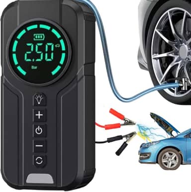 Carregador de Bateria Top Portátil 3 em 1 com Compressor de Ar para encher pneus, Luz de Emergência, Power Bank para Carro e Moto – Ideal para Viagens