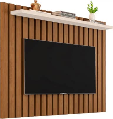 Painel Ripado para TV até 50 Polegadas Lily com Prateleira Sala de Estar (Freijó/Off White)