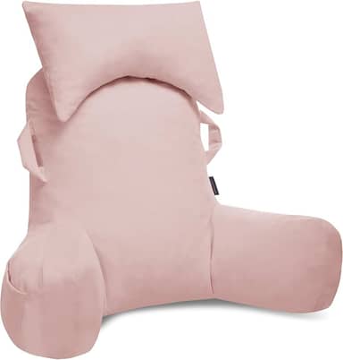 Almofadas de leitura portáteis com apoio de cabeça para sentar na cama (Oeko-Tex), almofada traseira de veludo com braços e bolsos para adultos, almofada de cama de espuma viscoelástica para