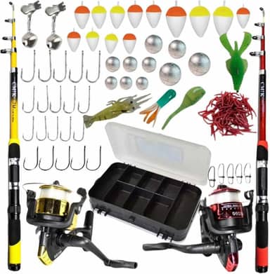 Kit de Pesca Completo, 2 Varas, 2 Molinetes com Linha, Estojo, Iscas Artificiais, Anzóis, Chumbadas e Boias