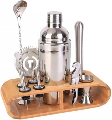 Kit Coqueteleira Bar Profissional Para Drinks Bebidas 550ml Inox Com 12 Peças Drinks Barman Caipirinha Bar Suporte de Madeira