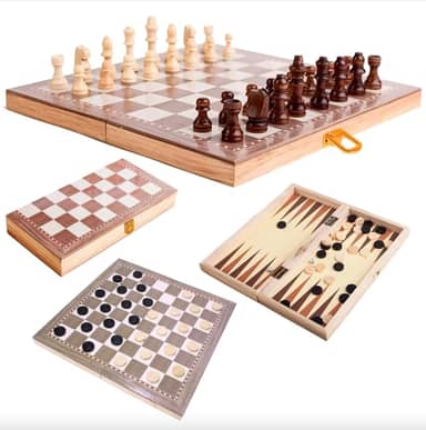 Jogo de Xadrez 3 em 1 com Damas e Gamão Tabuleiro Dobrável 29x29 cm em Madeira Estojo Portátil Completo para Lazer Viagem e Aprendizado