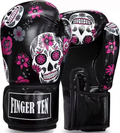 Luvas de Boxe Femininas, Design Caveira Mexicana, 14 oz, Preto e Rosa, para MMA, Kickboxing, Sparring e Treinamento