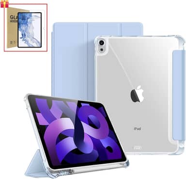 Capa Para iPad Air 4ª/5ª/M2/M3 Geração 10,9/11", Com Suporte a Caneta, Fundo Transparente para DIY/Anti Impacto/Auto Sleep/Premium Resistente Funcional (Azul Clara, Com Película de Vidro)