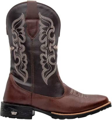 Bota Masculino Texana Em Couro Marrom Cano Longo Bordado Cruzeta