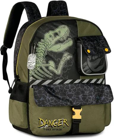 Mochila Escolar Infantil Dinossauro T-Rex, Verde Militar e Preto, Design Danger Attack, com Bolsos Laterais e Fecho de Segurança
