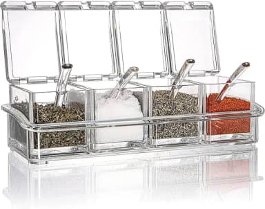 Organizador de Temperos Acrílico com 4 Potes – Tampa Hermética e Colher Inclusa