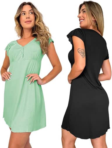 Kit com 2 Camisolas Femininas em Viscose com Detalhes Renda Estilo Camiseta Noite Dormir Amamentação Maternidade