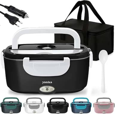 Marmita Elétrica Yonks 60W com Bolsa Térmica – Bivolt 110V/220V + Cabo Veicular 12V/24V – Marmita para Carro e Caminhão (Preta e branca)