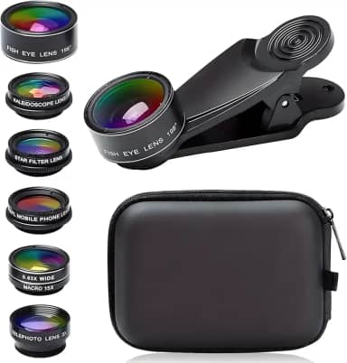 Kit de lentes de câmera de celular 7 em 1, para iPhone, para Samsung, para smartphone Android, clipe universal em grande angular + macro + lentes de câmera olho de peixe (preto)