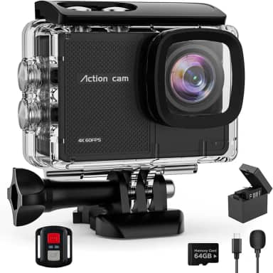 Câmera de ação 4K60FPS à prova d'água com suporte de 64G - câmera subaquática de 40 m, ângulo de 170°, câmera esportiva de 48 MP com controle remoto de 2,4 G, 2 baterias, kits de acessórios