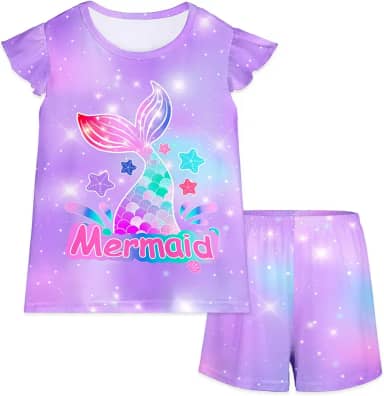 Conjunto de pijama infantil para meninas, 2 peças, conjunto de pijama infantil esvoaçante de manga curta
