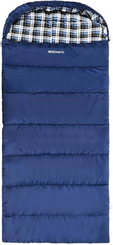 REDCAMP Saco de dormir de flanela para adultos, sacos de dormir de algodão confortáveis para acampamento com capuz destacável, vermelho/cinza/azul