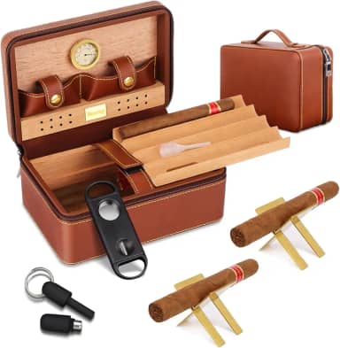 Umidor de couro para charutos de viagem - design de camada dupla e alça, com 2 suportes de charutos dourados, cortador em V, furador de charutos, umidificador e higrômetro, conjunto de caixa portátil