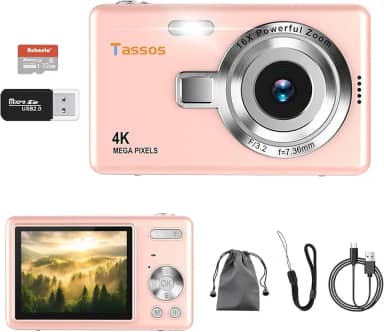 Câmera digital 1080P FHD 4k com tela LCD de 2,4", compacta e portátil para vlogs e fotos, com cartão SD de 32GB e zoom digital de 16x para adolescentes, estudantes e iniciantes. (Rosa)