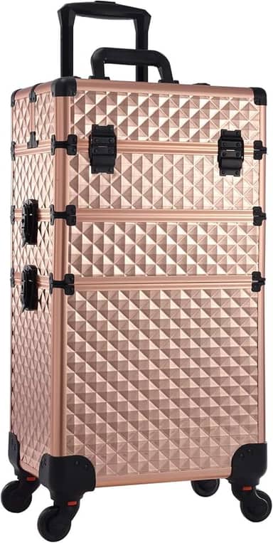 Adazzo 3 em 1 Professional Rolling Makeup Train Case de alumínio com rodas de rotação de 360° para Makuep Artist Organizador de mala de cosméticos com cadeado e chave padrão de diamante, Ouro rosa, Estojo de maquiagem com rodinhas