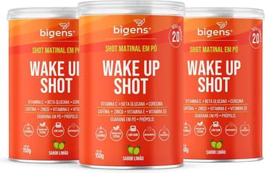 Wake up shot, vitamina c, própolis, gengibre, cúrcuma, guarana e zinco, Sabor Limão, 150g, Bigens (Kit 3)