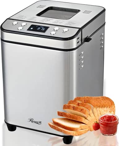 Rosewill Máquina automática de fazer pão 25 em 1 com 3 tamanhos de pão de até 900 kg, aquecedor duplo de alta potência de 700 W com bandeja de revestimento antiaderente livre de BPA, temporizador