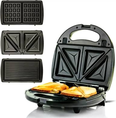 OVENTE Sanduicheira elétrica 3 em 1, grelha de prensa Panini e conjunto de ferro de waffle com pratos antiaderentes removíveis, perfeita para cozinhar queijo grelhado, atum derretido, hambúrgueres, bifes e lanches, preto GPI302B