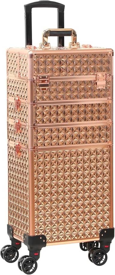 Estojo de trem com rodinhas 4 em 1 portátil para maquiagem organizador de cosméticos profissional estojo de viagem Trolley Cart Trunk, Ouro rosa, Central Hardside Mala expansível com rodas giratórias