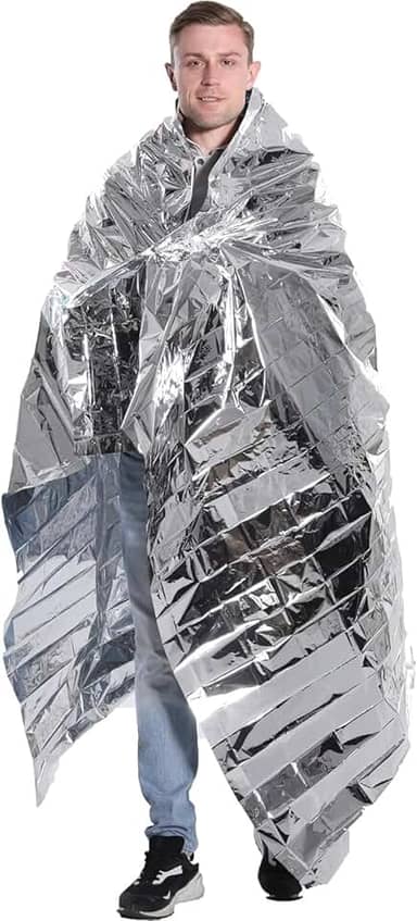 Pacote com 2 cobertores de emergência cobertor térmico Mylar de cobertor espacial gigantesco cobertores de sobrevivência equipamento de acampamento, primeiros socorros (prata ambos os lados, 210 x 130