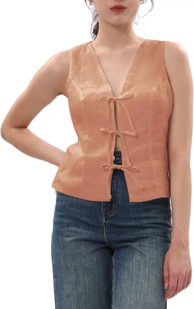 Colete feminino casual de verão 100% linho amarrado na frente sem mangas