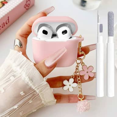 OTOPO Capa Rosa para AirPods 3ª Geração, Capinha Protetora de Silicone Macio com Suporte para Carregamento com Fio/Sem Fio, Kit de Limpeza e Chaveiro Floral, Ideal para Uso Pessoal