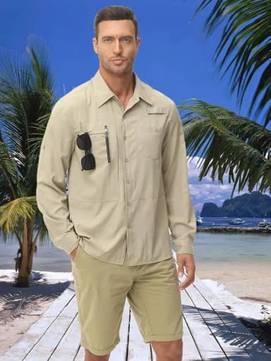 Camisa masculina de botão para pesca e caminhada - Proteção solar FPS 50+ com punhos dobráveis, bolsos com zíper e malha nas costas