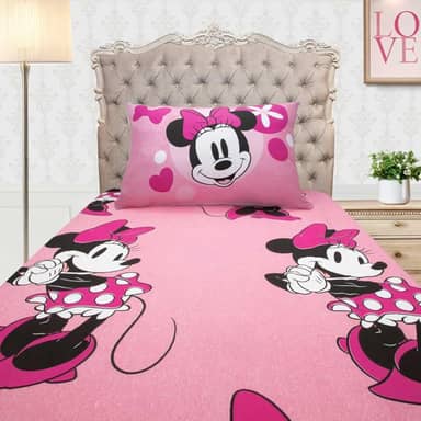 Jogo de Cama Solteiro Infantil Disney Minnie Grande Rosa Meninas Oficial – Anti Alergico Lençol c/Elástico – 2 peças Malha fronha 100% algodão e Lençol 70% Algodão 30% Poliéster Premium